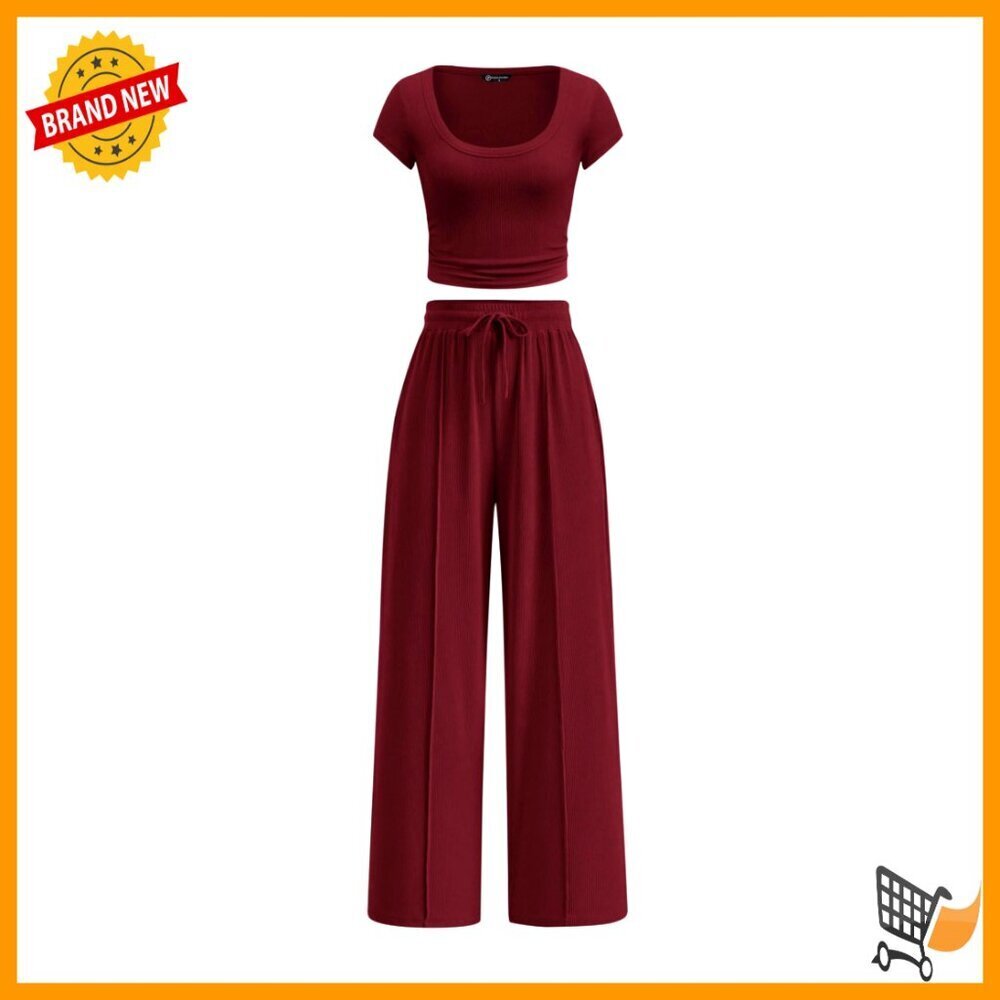 Ribbed Lounge Set Crop Top Wide Leg Pants Matching Two Piece Comfy Minimal